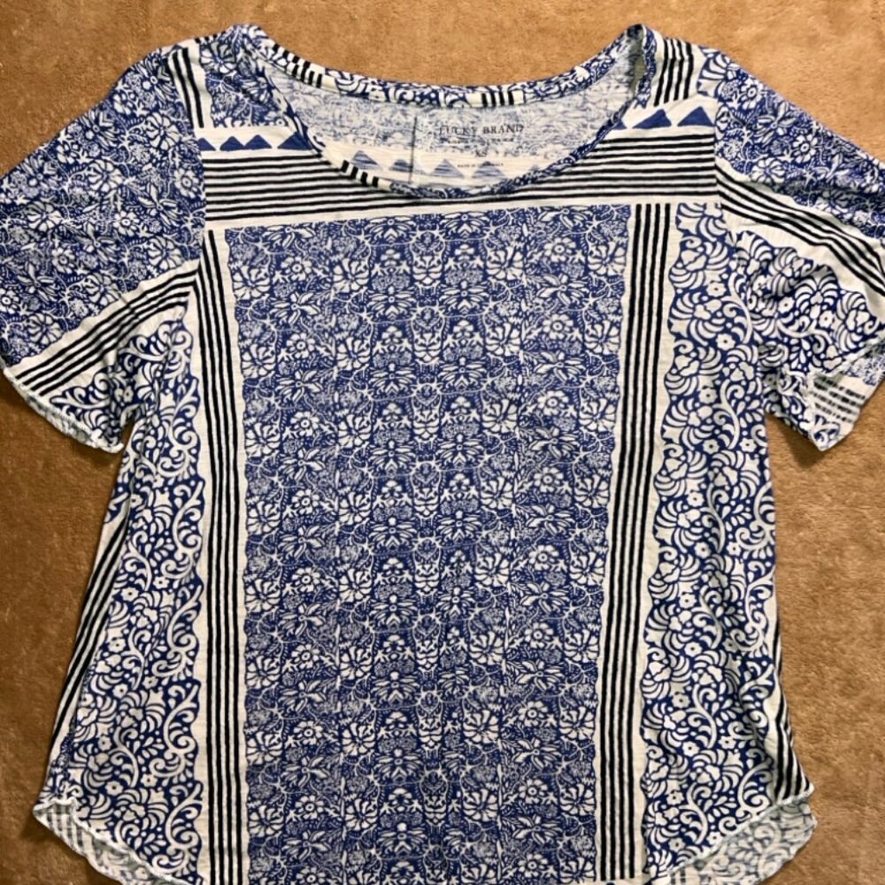 Lucky Brand Women XS Blue White Black Paisley Stripe Loose Fit Shirt (W)‎